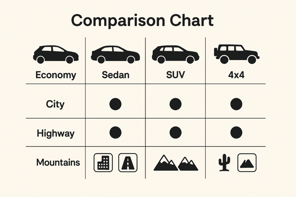 Morocco car rental vehicle types comparison chart showing economy cars for cities, sedans for highways, SUVs for mountains, and 4x4s for desert terrain
