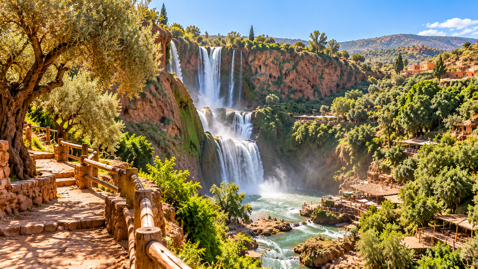 Ouzoud Waterfalls in Morocco cascading into a green gorge, seen from a stone path beside olive trees