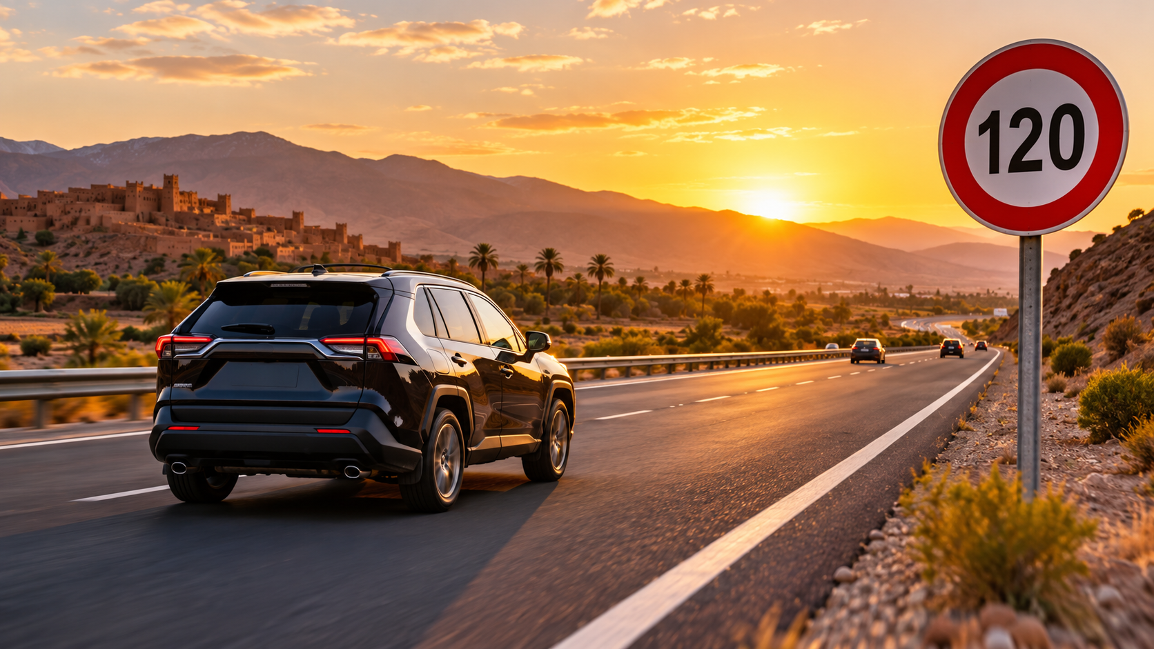 Rental SUV driving on a Moroccan motorway at sunset beside a 120 km/h speed limit sign