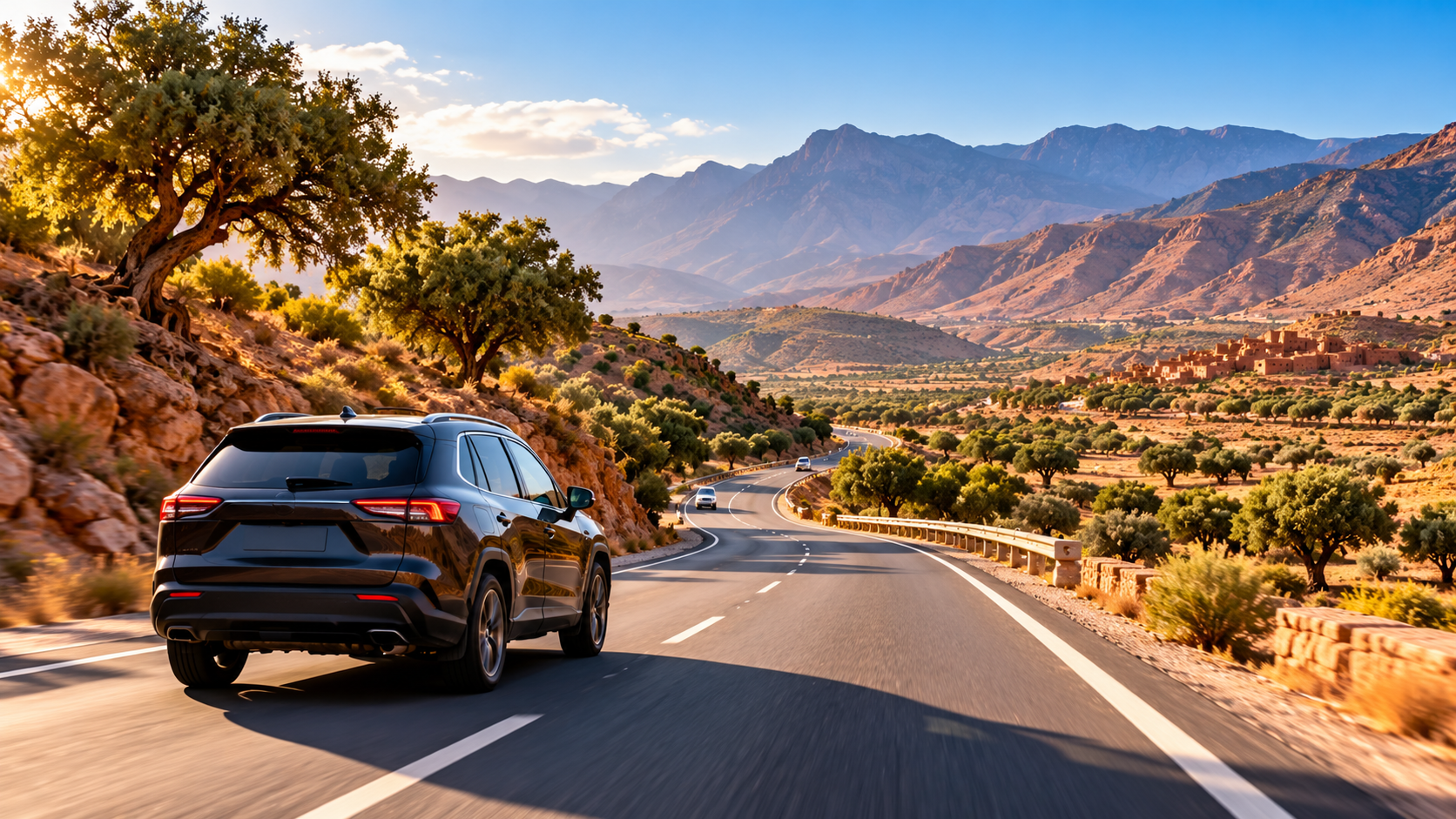 Rental SUV on a winding mountain road lined with argan trees in the Moroccan Atlas foothills