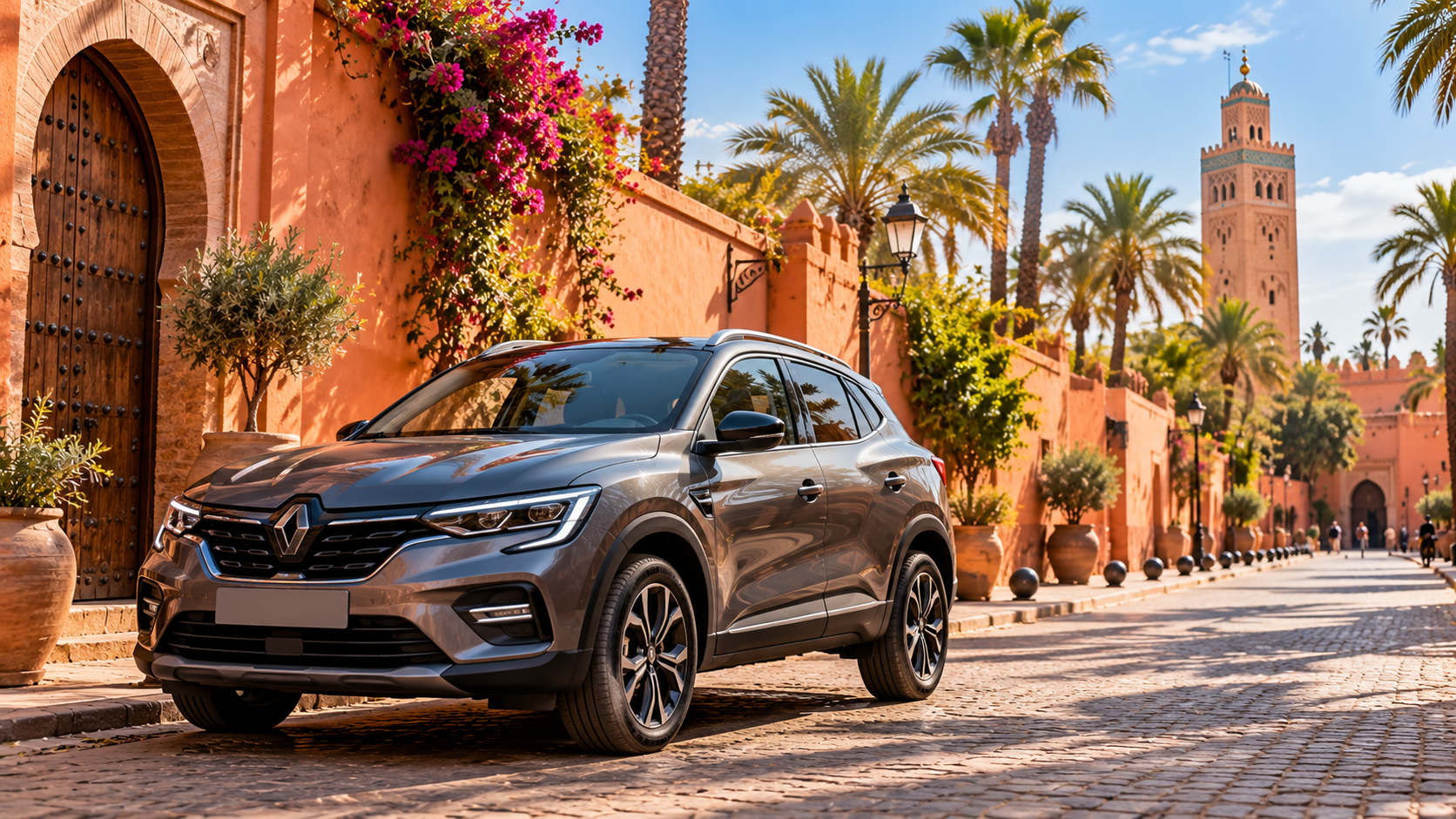 Car rental Marrakech price guide: grey SUV parked on a Marrakech street beside terracotta walls with the Koutoubia minaret behind